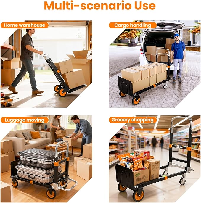 3-in-1 Folding Hand Trucks, 600Lbs Convertible Hand Truck Dolly, Heavy Duty Convertible Dolly with Retractable Handle and 4 Rubber Wheels, Collapsible Cart for Moving Office/Home/Warehouse(Orange)