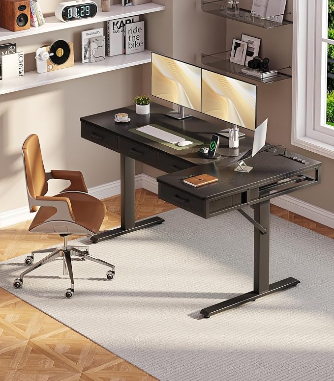 OffiGo 63 Inch L Shaped Electric Standing Desk with 4 Drawers, Black | Reversible Corner Table, Office Desk With 4 Drawers and Outlets For Home Office, Computer Workstation And Sit Stand Use