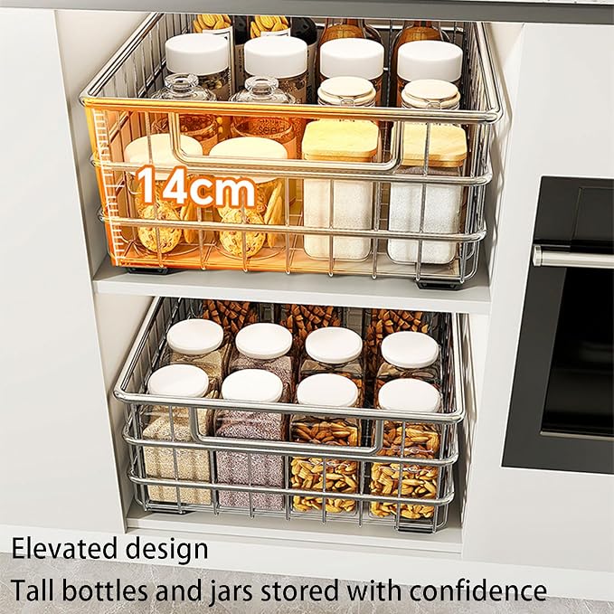 2 Pack Wire Kitchen Storage Basket Pull Out Cabinet Organizer, Perfect Pantry Organization Accessories Baskets for Kitchen, Bathroom, Bedroom