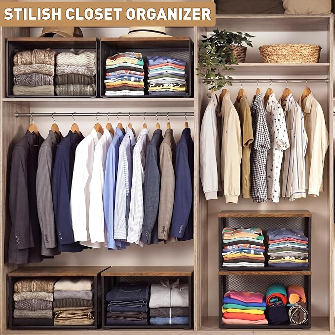 AceOrbit 3 Pcs Widened Stackable Closet Organizers and Storage with Wood Foldable Top Metal Cube Closet Shelf DIY Space Saving Linen Cloth Shoe Bed Sheet Bin for Wardrobe Bedroom(15.6"x12"x8.7", deep)
