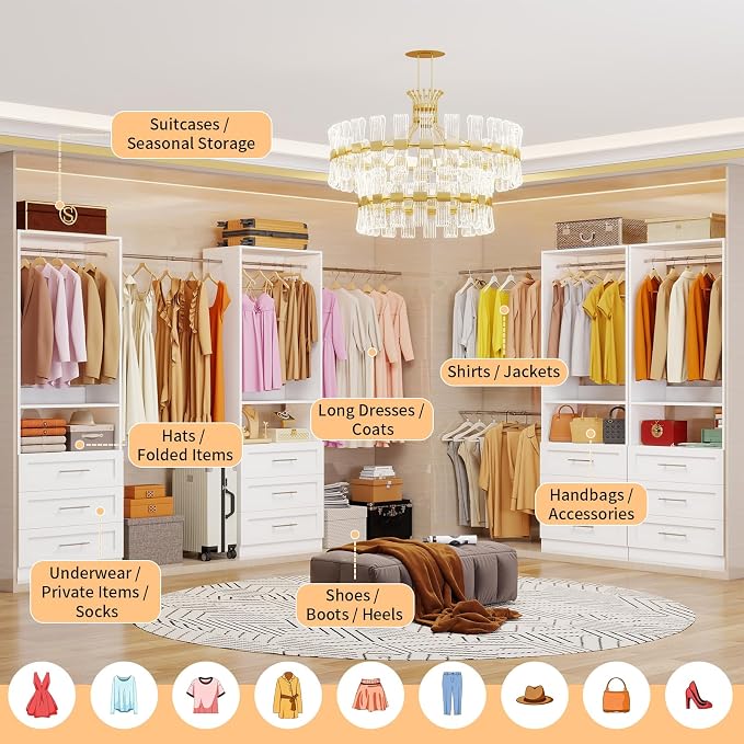 Closet System with 3 Drawers, 2FT-5FT Customizable Closet Organizer System with Hanging Rods& Shelves, Fits Small Walk-in Closet, Modular Closet Tower, Wooden Freestanding Closet Storage System, White