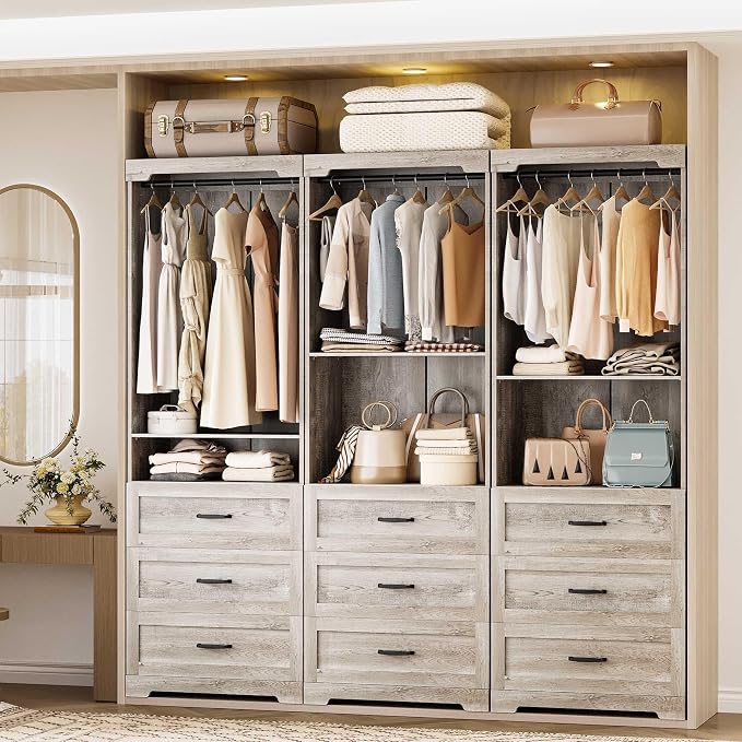 IRONCK Freestanding Closet System with 3 Wood Drawers, Modern Armoire Wardrobe with Adjustable Shelves & Hanging Rod, Walk-in Closet Systems Organizer for Small Closet, Rustic Maple