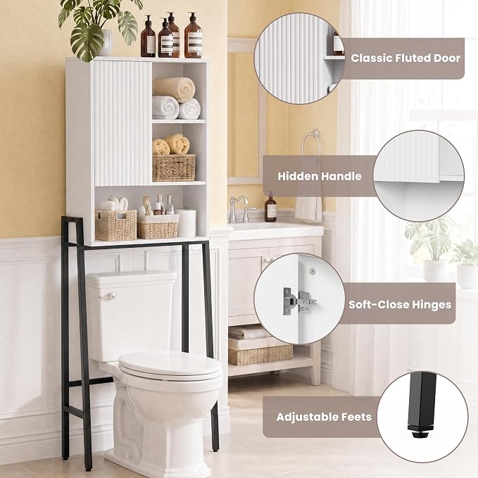 24" W Over The Toilet Storage Cabinet with Fluted Door,Bathroom Organizers and Storage with Adjustable Shelves, Modern Over Toilet Organizer for Bathroom,Restroom,Laundry,White