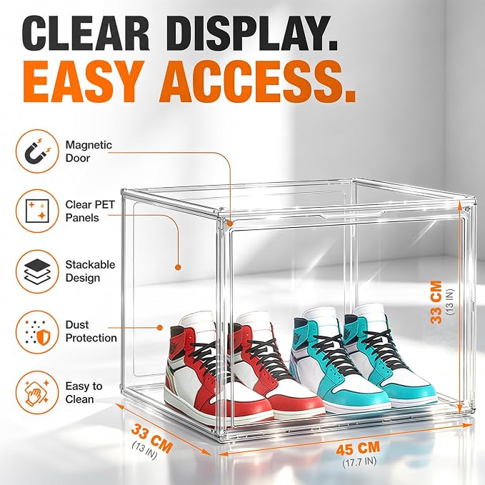 XXX-Large Extra Large Acrylic Display Case 17.3'' x 13'' x 13'' Transparent Sneaker Shoe Organizer Clear Plastic Stackable Boot & Shoe Boxes Large Showcase for Helmet, Handbag, Figures Collectibles