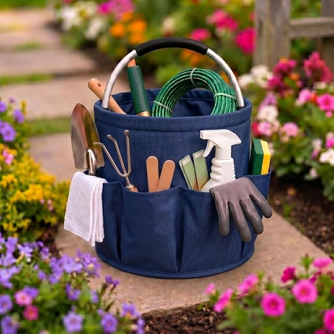 Garden Tool Organizer Tote with Non-Slip Handle – 4.5-Gallon Water-Resistant Bucket Bag with 6 Side Pockets, Portable Gardening and Outdoor Utility Bag for Yard Work, Garage, Beach & Camping