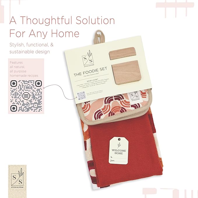 Stitch & Stone Foodie Set - Perfect for Managing Hot Plates for Dining, Cotton Kitchen Towel, Pot Holder & Towel Combo, Magnetic Trivet, Looped Hanging Towel, Mobile Phone Stand - Red