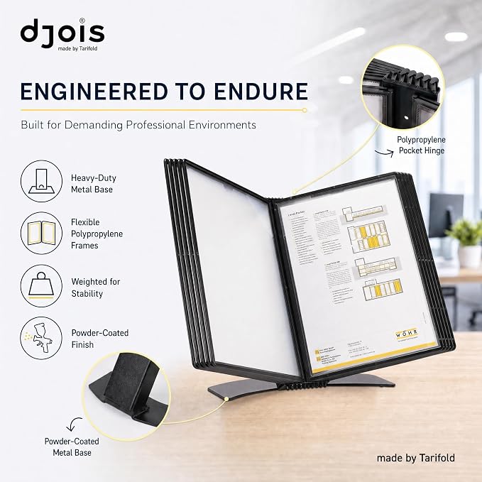 Tarifold Desktop Reference & Display System, 10 Double-Sided Pockets, 20 Sheet Capacity, Durable Metal Base, Easy-Load Polypropylene Pockets, Letter-Size, Made in Denmark, Black