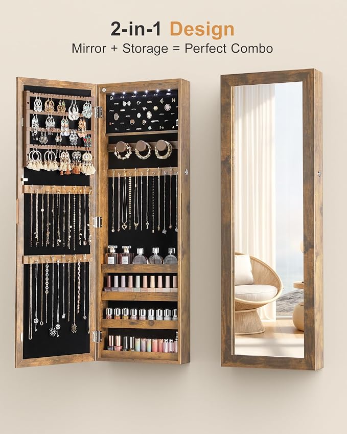 Nicetree 6 LEDs Mirror Jewelry Cabinet, Door/Wall Mounted Jewelry Armoire with Full Length Mirror, Lockable Jewelry Organizer with Storage,Large Capacity, Rustic Brown