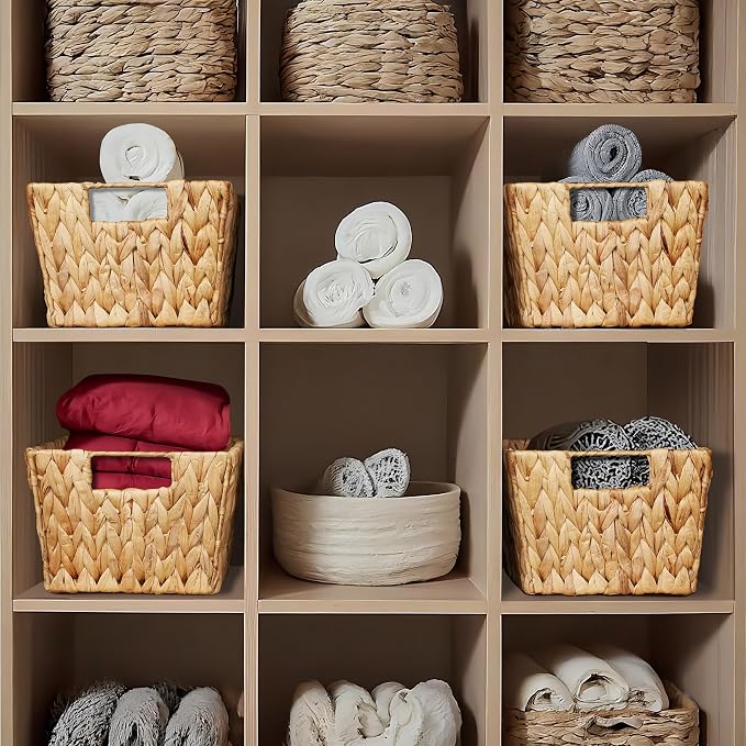 Casafield Set of 4 Water Hyacinth Storage Baskets with Handles - Natural, Woven Storage Bins for Shelves, Blankets, Laundry Organization