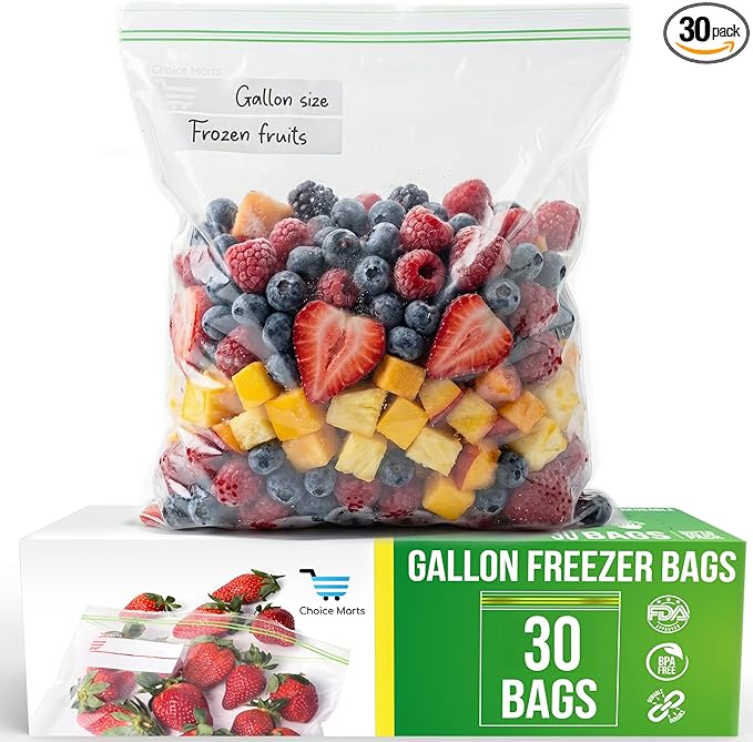 Freezer Bags 1 Gallon – 30 Count Resealable Extra Strong 2. Mil Leak Proof, Double Zipper Freezer Bags Gallon