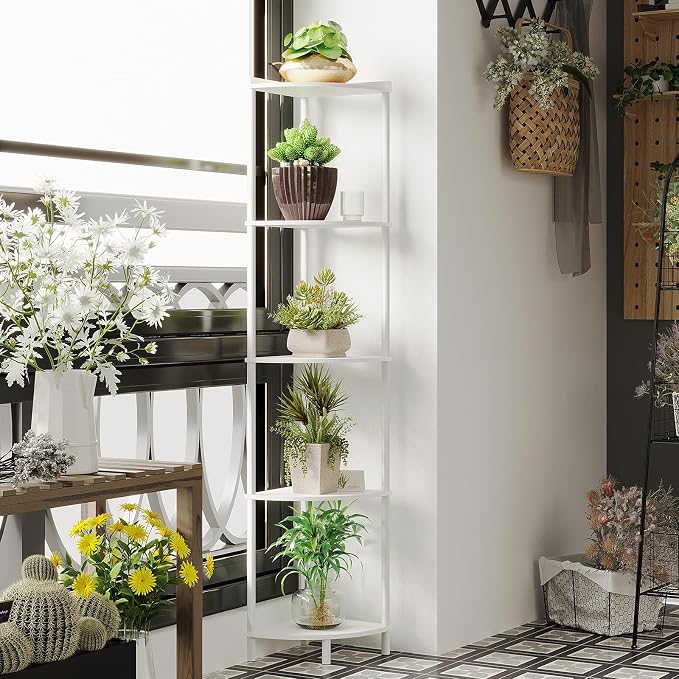 SUNMORY 5 Tier Corner Shelf Stand, Industrial 65" Corner Shelves Display Shelf for Living Room Decor, Wall Corner Bookshelf Multi Unit Organizer, Tall Shelf Plant Stand for Bedroom, Bathroom, White