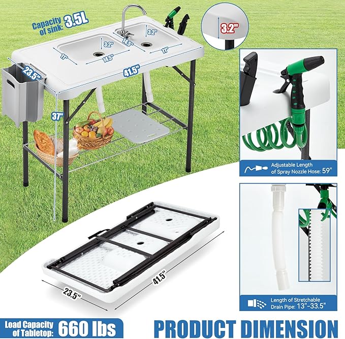 Folding Fish Cleaning Table Portable Camping Double Sinks Table w/2 Dual Water Basins, Faucet Drainage Hose & Sprayer Outdoor Fish Fillet Cleaning Station w/Knife, Storage Box,Black | Portable, Camping, 2 Dual Water Basins, Faucet, Drainage Hose, Sprayer