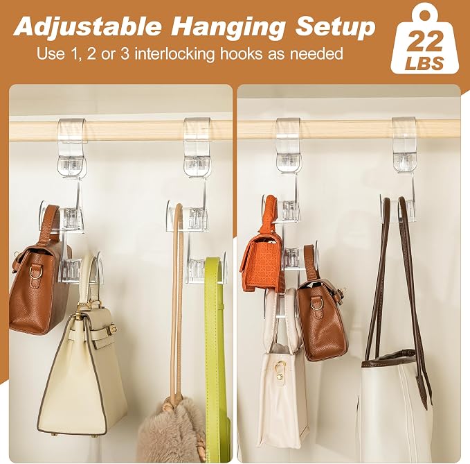 Clear Purse Hanger for Closet, 2 Pack Wardrobe Rod Vertical Hanging Handbag Organizer with 4 Holders, Keeps Bags Non-Crushed and Neatly Stored, Smooth Purse Storage Hooks, Easy Access