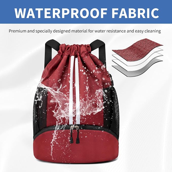 JELUTAR Drawstring Backpack Gym Bag with Shoes Compartment, Burgundy | Water-Resistant String Backpack for Soccer, Basketball, Swim, Beach Cinch for Women Men,18 L Large Capacity, Wet Pocket