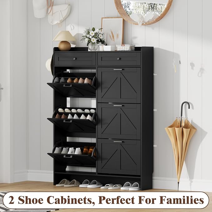 Thacuok Shoe Cabinet with 6 Flip Drawers & 2 Storage Drawers, Rustic Farmhouse Narrow Shoe Organizer Cabinet, Slim Shoe Rack Cabinet, Shoe Storage Cabinet for Entryway, Hallway, Front Door