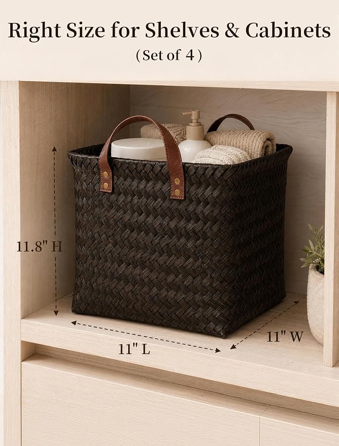 Hand Woven Baskets for Storage, 4Pcs Water-Resistant Wicker Baskets, Dark Gold Wicker Storage Baskets for Shelves, Large Basket with Handle for Organizing, Clothes, Laundry, Blanket - Square