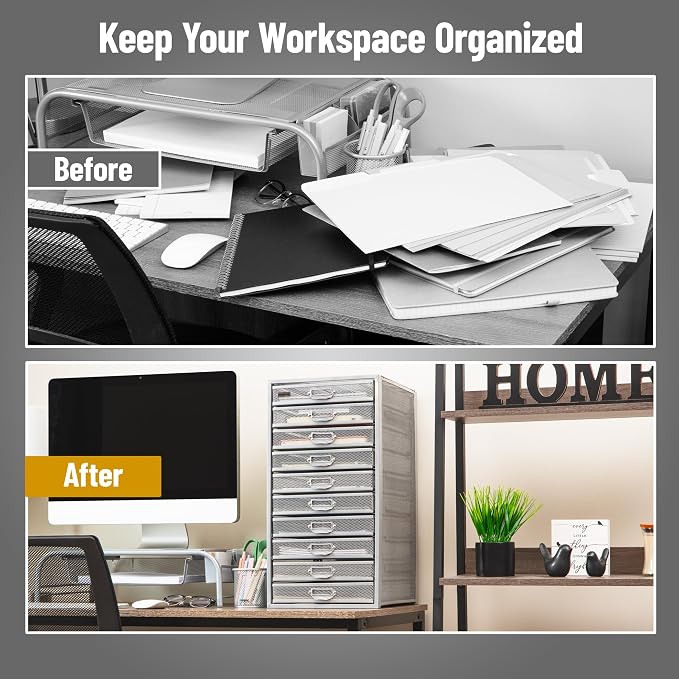 Mind Reader 10-Drawer Desk Organizer for Office Supplies, Crafts, Mail Sorting & More, Metal Mesh, Silver