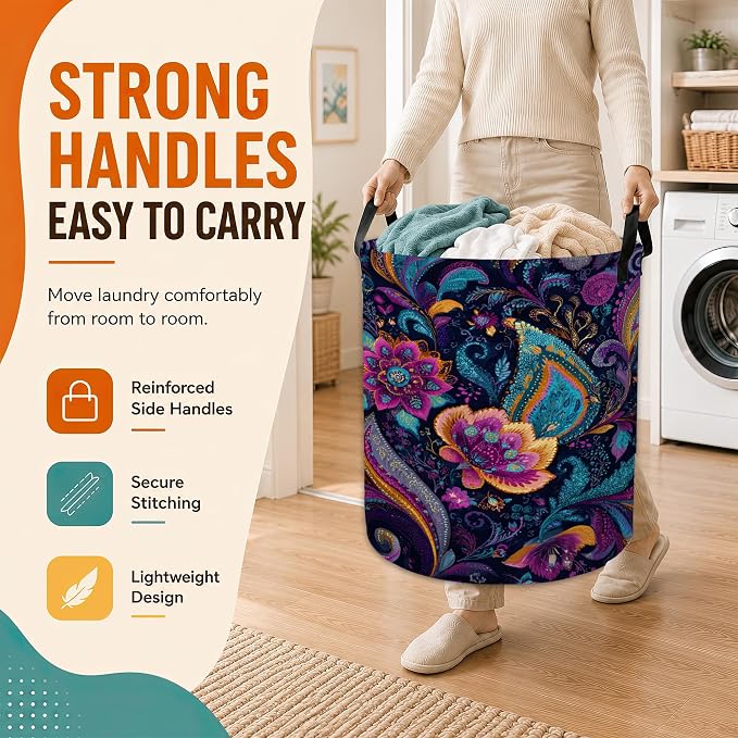 Mandala Paisley Flower Laundry Basket with Handles,Vintage Boho Foldable Oxford Laundry Hamper,Collapsible Clothes Storage Basket for Laundry Room/Bathroom/Bedroom/Dormitories 20.8 x 16 Inches