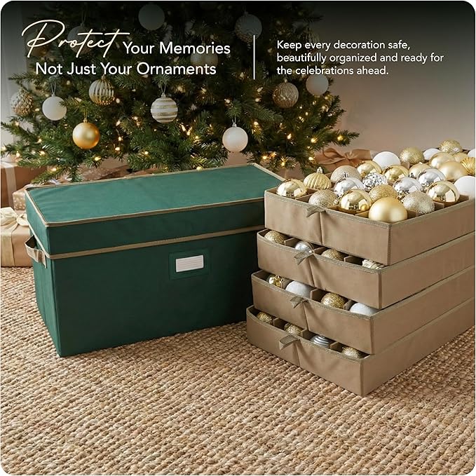 Covermates Keepsakes Adjustable Ornament Storage Box – Heavy-Duty Polyester, Padded Dividers & FlexGrid Trays – Protective Holiday Organizer with Stackable Walls & Label Window, Green