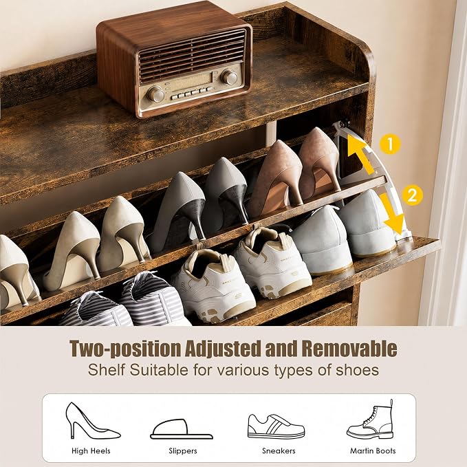 Nicetree Shoe Cabinet Storage for Entryway, Slim Shoe Storage Cabinet with 2 Flip Drawers, Narrow Vertical Shoe Rack Cabinet with Metal Hooks, Small Space Solution for Hallway, Rustic Brown