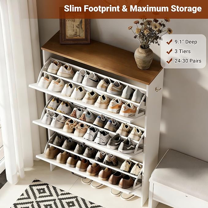 Shoe Cabinet for Entryway, 3 Flip Drawers Shoe Storage Cabinet with 3-Tier Adjustable Shelves, Ultra Slim 9.1" Depth Holds Up to 30 Pairs, Freestanding Hidden Shoe Organizer with Barn Door Design