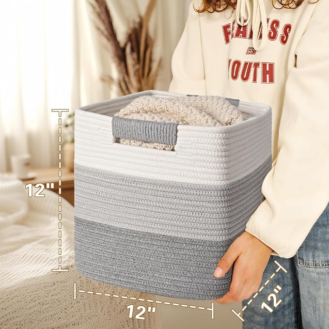 12 Inch Storage Cubes, 3 Pack Cube Storage Bins for Organizing, Cotton Rope Woven Baskets for Shelves, Bathroom, Kids Room, Closets, Baby Nursery