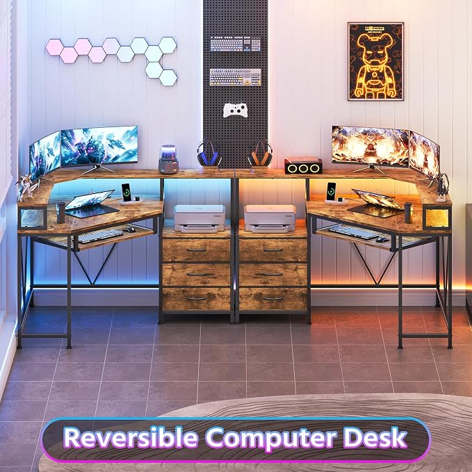 47" Corner Desk with Drawers, Power Outlets ＆ Printer Shelf for Small Space | Small Computer Desk with Monitor Stand, Triangle Gaming Desk with LED Lights and Keyboard Tray, Rustic Brown