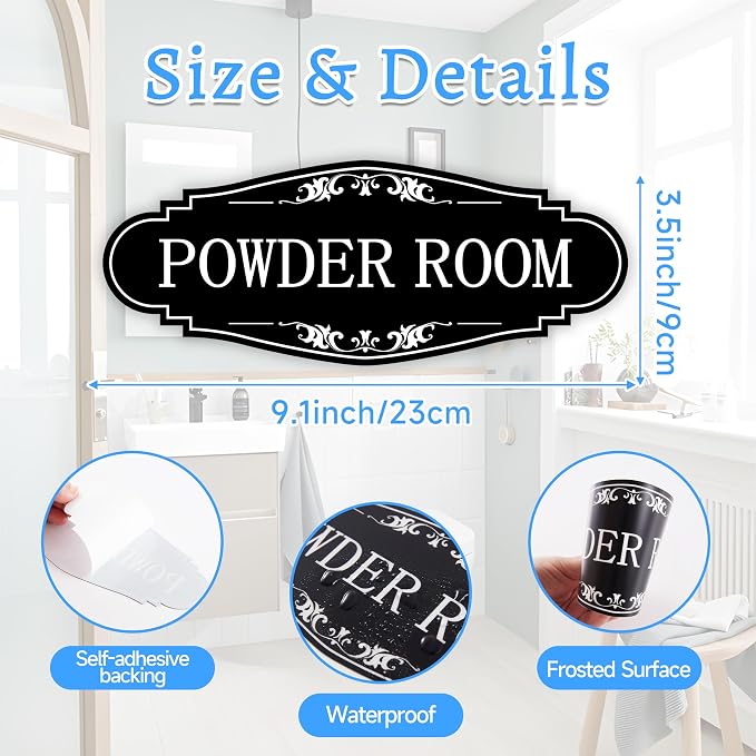 Powder Room Sign Sticker for Business and Home，Self-adhesive Cute Powder Room Door Decor，Waterproof Guest Bathroom Decals for House，Office，Shop