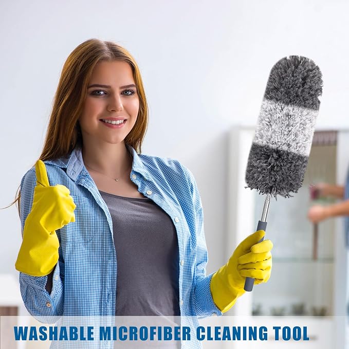 Tanlade 1 Pcs Microfiber Feather Duster for Cleaning, Extendable 13-31 Inch Ceiling Fan Duster with Bendable Head, Washable Tools for Ceiling Fans, Furniture, Car, Cobwebs (Gray White)