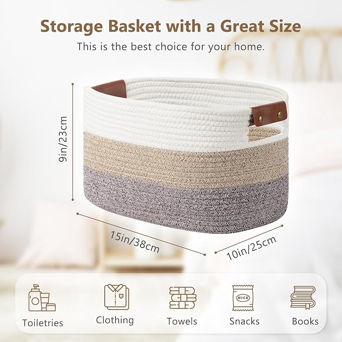 ECDYQXVU 15x10x9 Woven Cotton Rope Storage Basket, Leather Handles 2 Pack | Foldable Design, Sturdy PU Handles, Easy to Clean Organizer for Living Room, Closet, Shelves, Bedroom, Laundry, Clothes