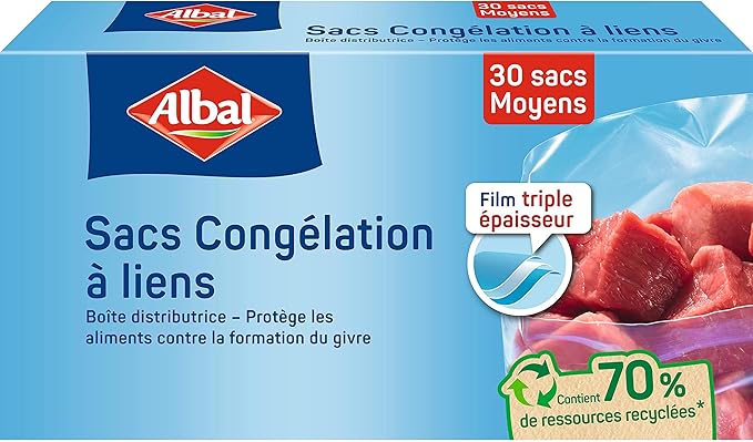 Albal - 30 Freezer Bags with Ties - Medium Model 3L - Triple layer - Dispenser box - Contains recycled resources