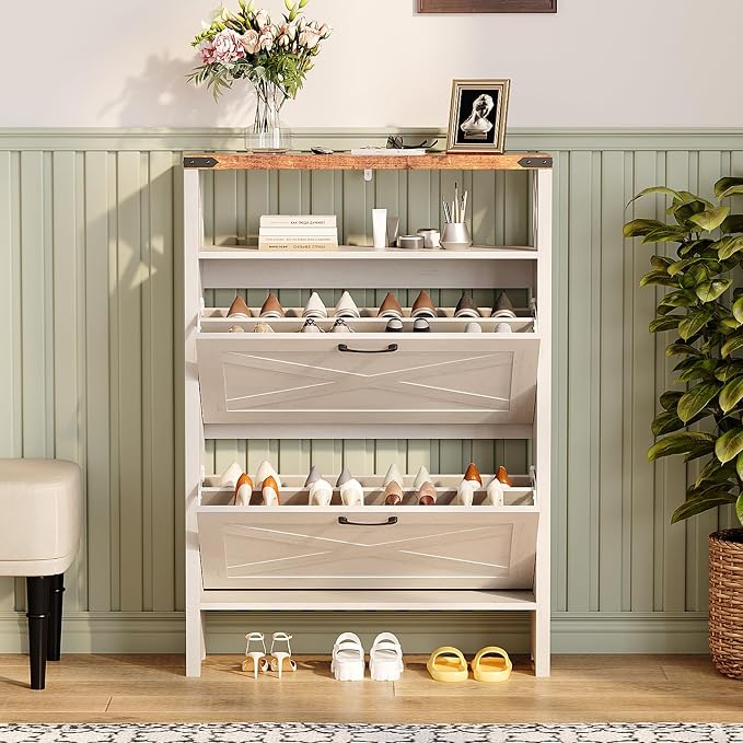 VINGLI Farmhouse Shoe Cabinet with 2 Flip Drawers, Slim Entryway Shoe Storage Organizer with Open Shelf, Freestanding Wood Shoe Rack for Hallway, Rustic White & Brown (31.5" W)