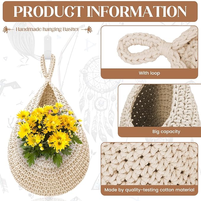 Hanging Fruit Baskets for Kitchen - 3 Pack Boho Wall Hanging Basket with 6 Pcs Strong Hooks, Handwoven Onion Storage Teardrop Home Onion Basket for Fruits Vegetable Potato Kitchen Storage (White)