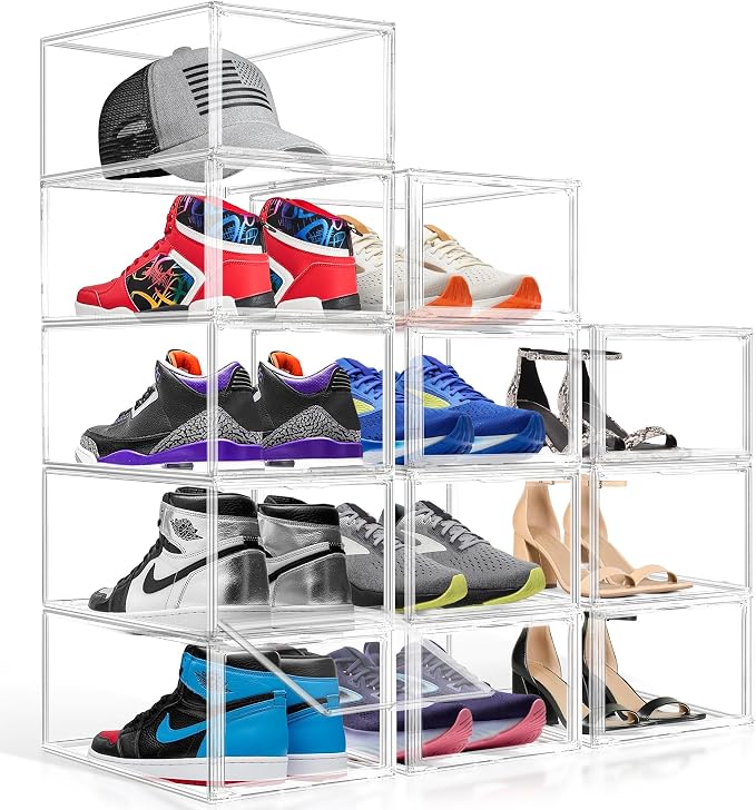 2 Pack Drop-Front Clear Shoe Storage Box Acrylic Box Shoe Organizer Size 13, Stackable Shoe Tower with Magnetic Door Large Storage Bins for Sneaker Containers Display & Closet Organization