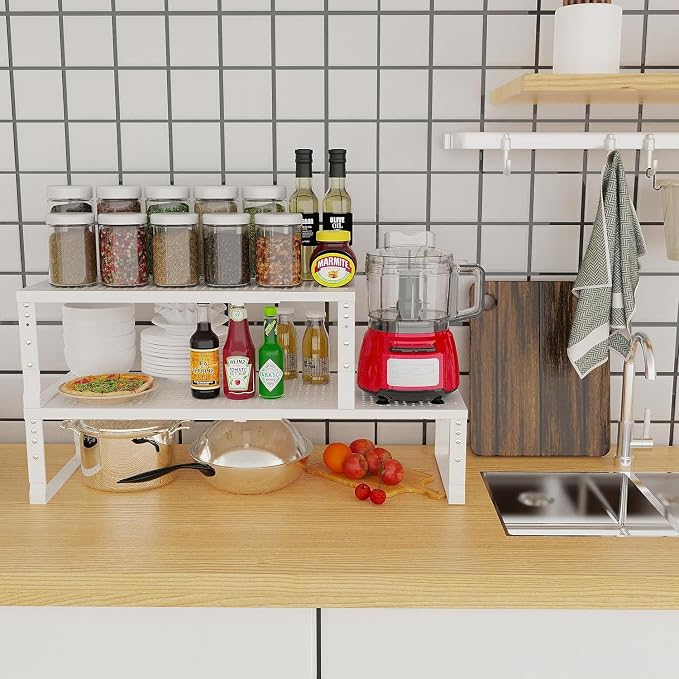 Jojocross Expandable Cabinet Shelf Organizer Storage Spice Rack Shelves for Kitchen Stackable Adjustable Pantry Cupboard Bathroom Countertop Desktop(1Pack/White/Medium-with Hole)