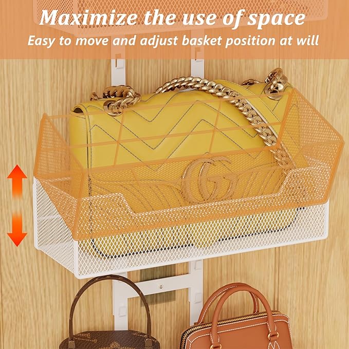 Dmevkic Purse Organizer Over the Door,Adjustable Metal Purse Holder Handbag with 5 Hooks, Purse Organizer for Closet, Bathroom Door Organizer,White