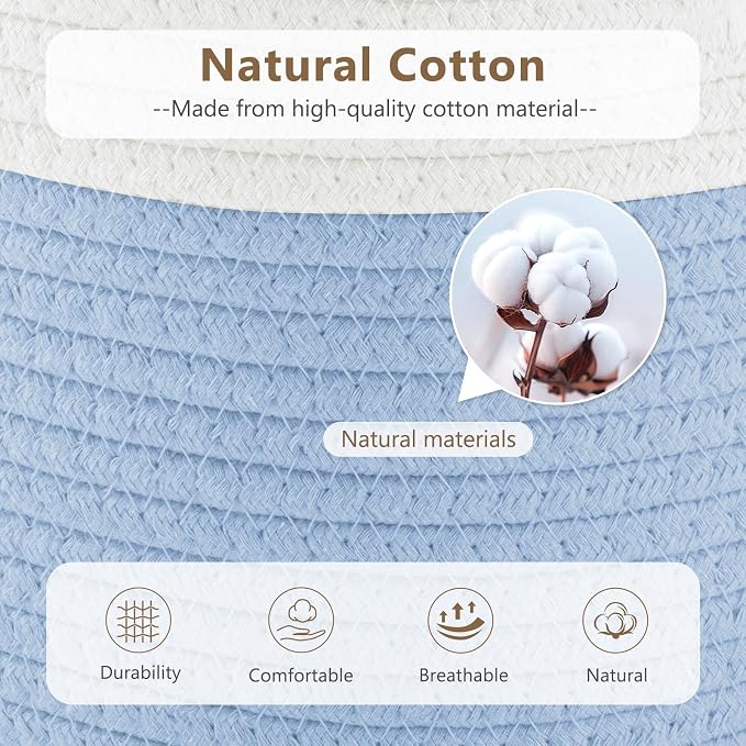 ECDYQXVU 15x10x9 Woven Cotton Rope Storage Basket, Leather Handles 2 Pack | Foldable Design, Sturdy PU Handles, Easy to Clean Organizer for Living Room, Closet, Shelves, Bedroom, Laundry, Clothes