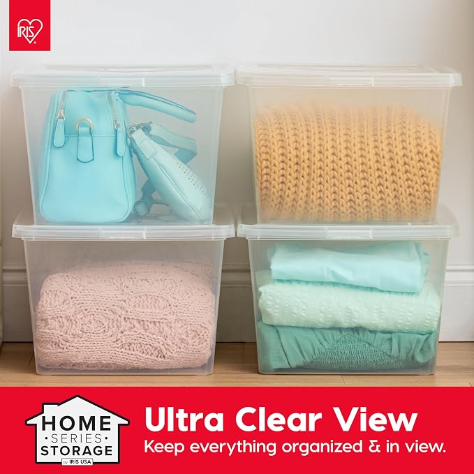 IRIS USA 4-Pack Storage Bins with Lids, 25 Quart, Clear Stackable Containers Box Organize Shoes Closet Shelves Clothes Blankets Towels - BPA-Free Plastic
