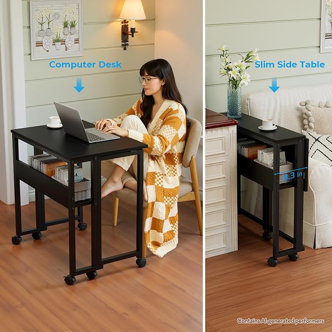 GreenForest Folding Desk with Wheels, 31.5" Rolling Table for Small Spaces | Storage Shelf, Lockable Casters, Compact Portable Workstation, Space-Saving Foldable Sofa Table, Home Office, Mobile, Black