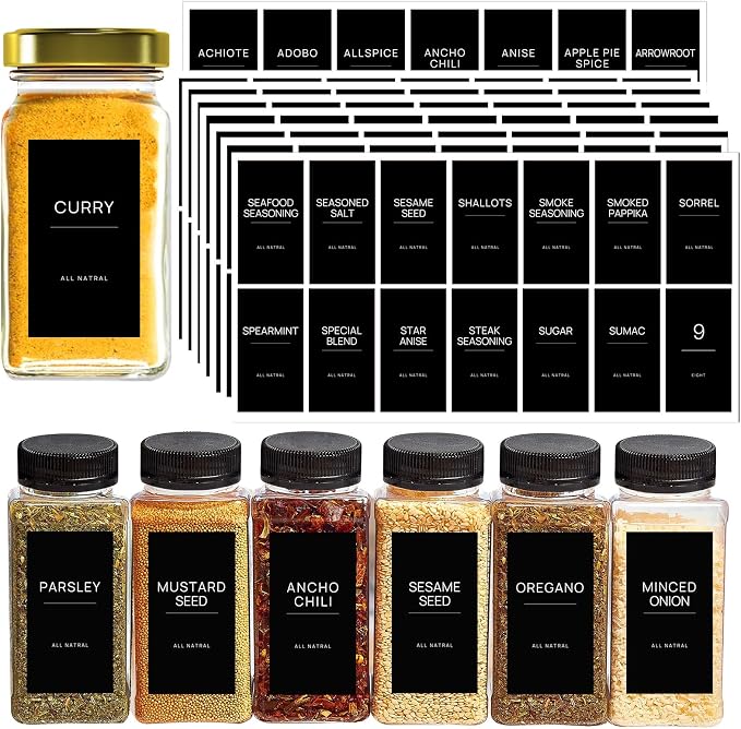 HVSWLY 140PCS Spice Labels for Spice Jars, Black Minimalist Preprinted Spice Jar Labels,Waterproof Oil Resistant Label Stickers for Kitchen Pantry Seasoning Containers