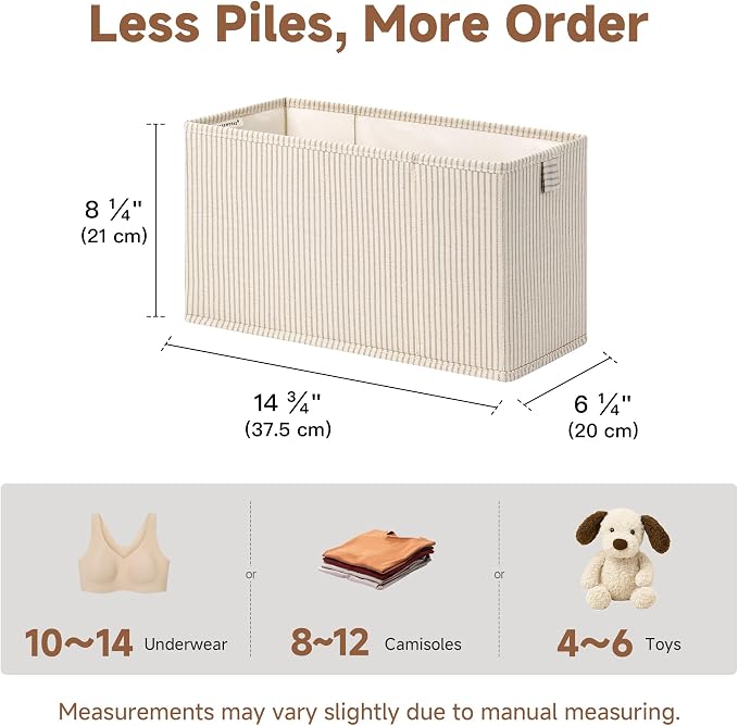 StorageWorks Narrow Storage Basket, Narrow Baskets for Shelves, Fabric Storage Bins with PU Handle, Perfect for Clothes, Underwear, Books, Socks, Khaki Stripe, 4-Pack