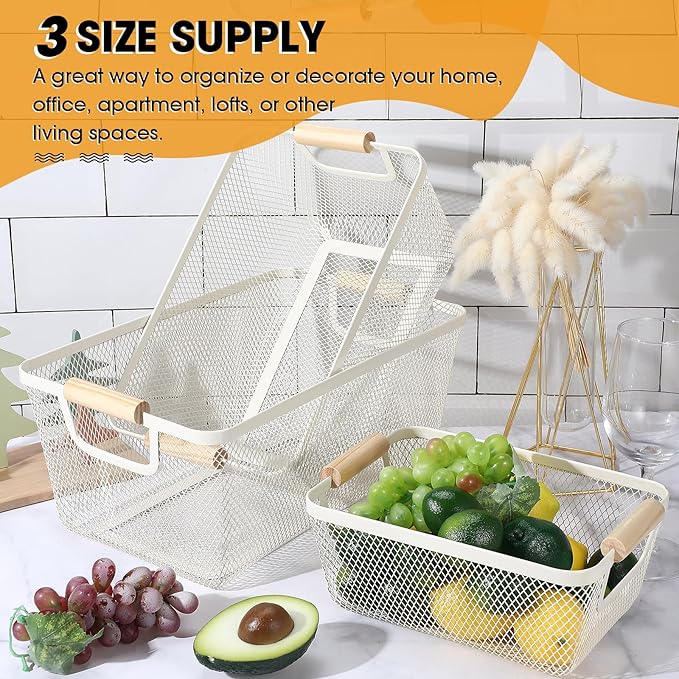 Ziliny 4 Pcs Metal Mesh Wire Baskets with Wooden Handles for Organizing, Pantry Organizers and Storage Steel Bin Kitchen Baskets for Fruit Potato Onion Snacks Bathroom Cabinet(Medium,Cream White)
