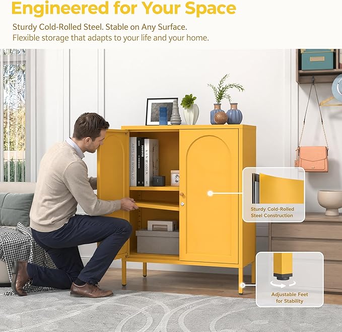 Yellow Lockable Metal Accent Storage Cabinet, 2 Door Freestanding Sideboard with Adjustable Shelves, Kitchen Organizer with Magnetic Doors for Dining Room Living Room Office