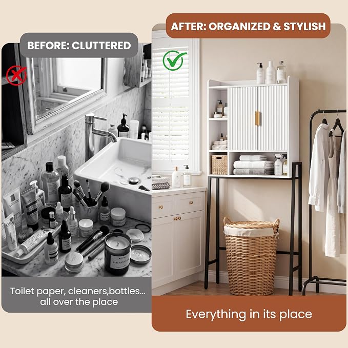 31" W Over The Toilet Storage Cabinet with Fluted Door,Bathroom Organizers and Storage with Adjustable Shelves, Mordern Over Toilet Organizer for Bathroom,Restroom,Laundry,White