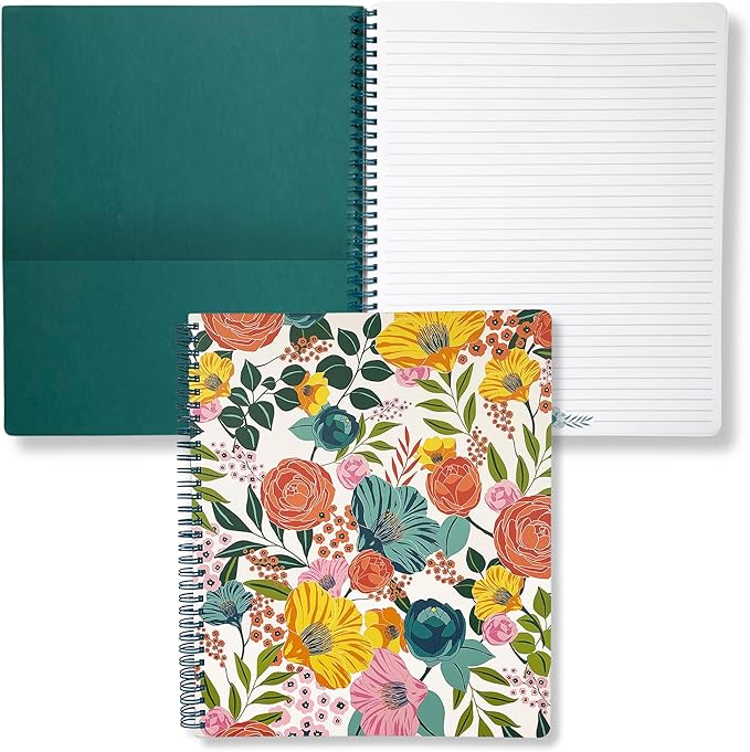 Steel Mill & Co Cute Large Spiral Notebook College Ruled, 11" x 9.5" with Durable Hardcover and 160 Lined Pages, Garden Blooms (Cream)