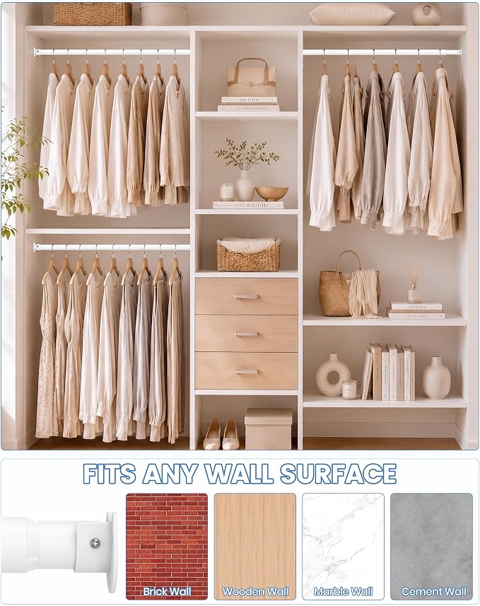 Closet Rod,17-51 Inch,Heavy-Duty Adjustable Closet Rods for hanging clothes | Easy to Install,1.3 Inch Diameter 66 lbs max load,Heavy-Duty Thickened Metal