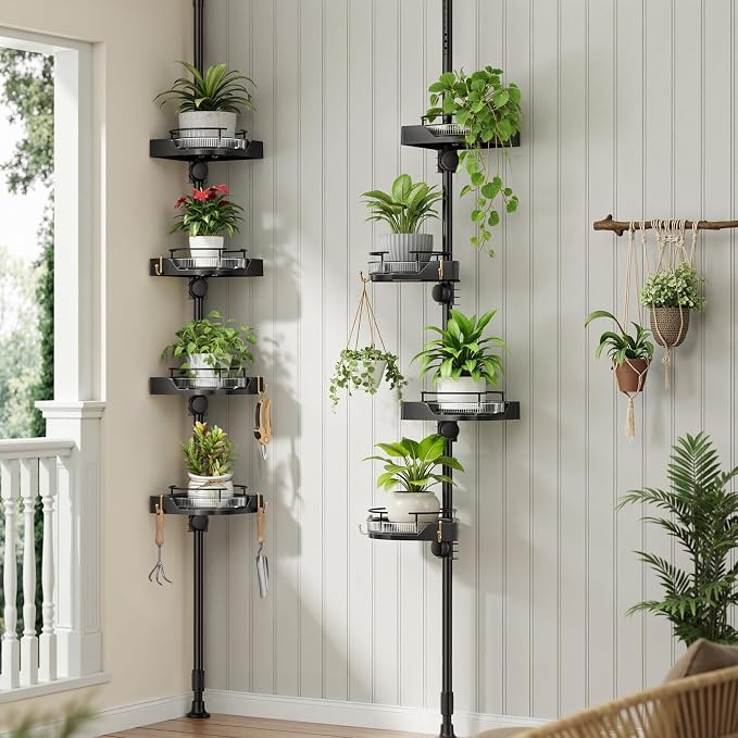 shuang qing 360° Rotating Corner Shower Caddy Tension Pole Organizer, 4-Tier Adjustable Shower Shelves, Rustproof Metal Pole with Safety Guardrail, Bathroom Storage for Shower & Bathtub (Black)