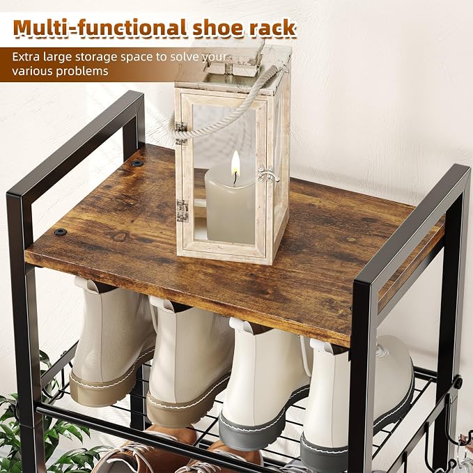 Simple Trending 8 Tiers Shoe Rack 16 Pairs Tall Wooden Plank Shoe Shelf with Hooks for Closet Entryway Organizer Sturdy Free Standing Shoe Storage Cabinet，Black