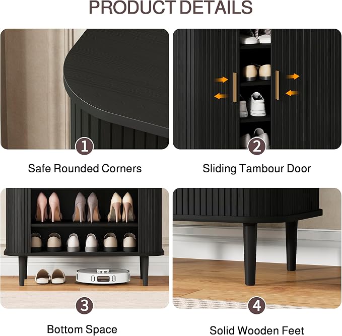 DHH Shoe Storage Cabinet with Sliding Door, 6-Tier Shoe Cabinet with Adjustable Shelves, Mid-Century Modern Freestanding Shoe Storage Organizer for Entryway, Hallway, Living Room (Black, 31.5 ")