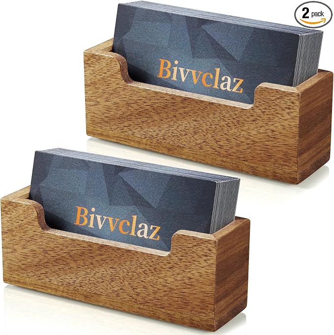 Bivvclaz 2 Pack Business Card Holder Desk, Acacia Wood Business Card Organizer Desktop Business Card Display Stand for Office Tabletop Exhibition, Small Business Essentials